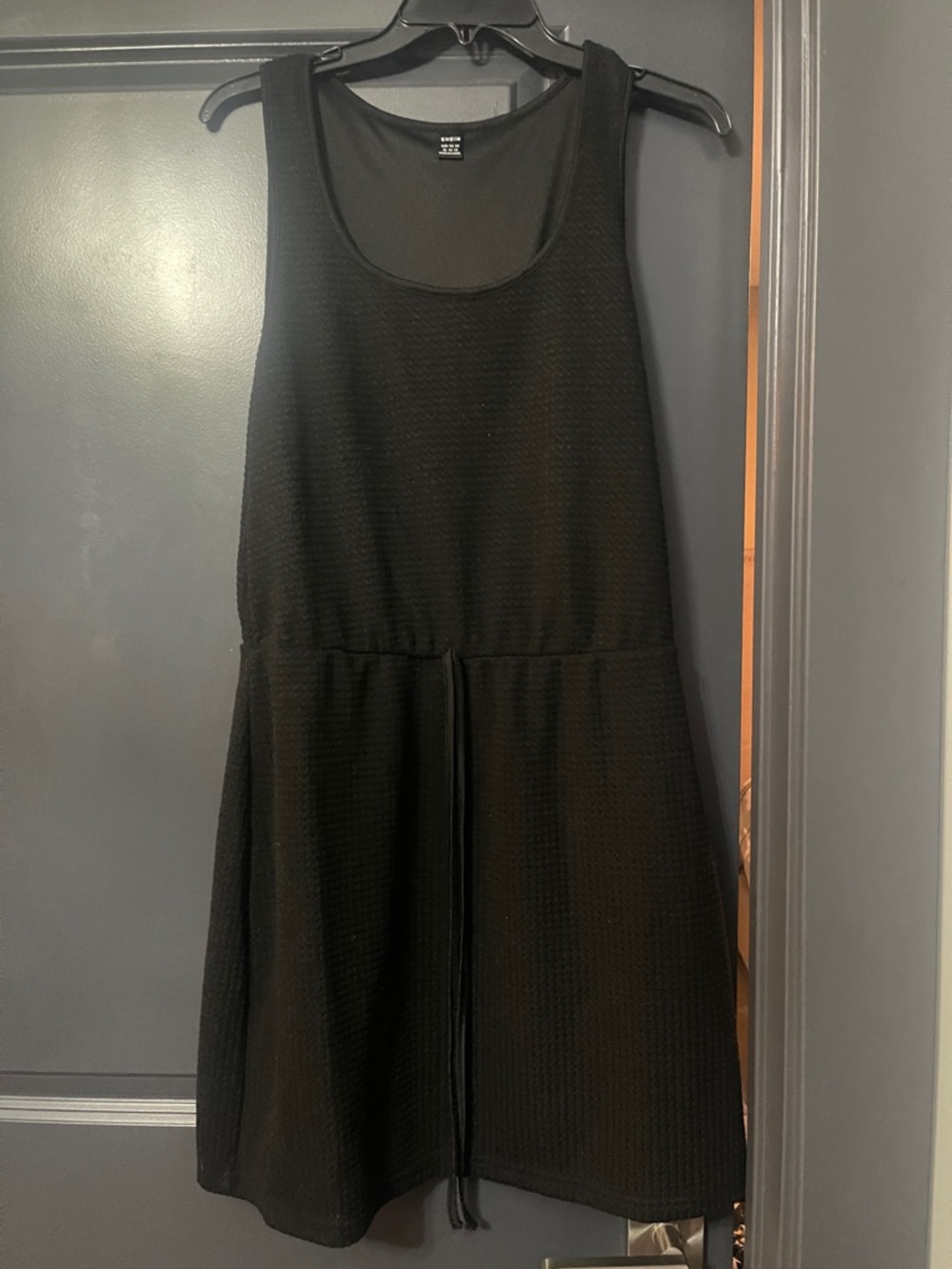 SHEIN Black Sleeveless Textured Mini Dress with Drawstring Waist